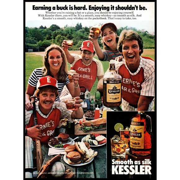 1984 Kessler American Whiskey Vintage Print Ad BBQ Cookout Baseball Team Photo - Picture 1 of 1